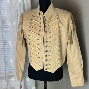 NEW Double D Ranch Vintage Tan Western Fringe Jacket w/Horn Bone Accent Small